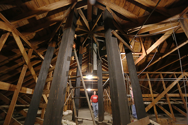 Interior scaffolding of Stephens Hall bell tower