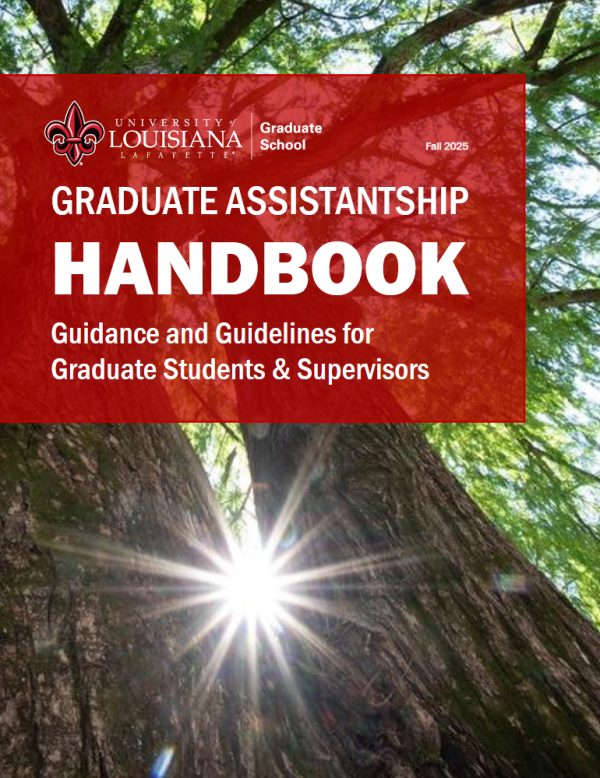 "Graduate Assistantship Handbook" a shot looking up two tall trees in the woods with the sun shining through
