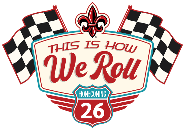 University of Louisiana at Lafayette Homecoming 2026 logo with checkered flags and the theme "This is how we roll" along with a road sign that says, "Louisiana 26"