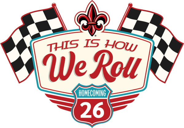 Vintage racing-themed Homecoming 26 graphic featuring two black-and-white checkered flags, a red fleur-de-lis, and a retro cream, red, and teal sign reading “THIS IS HOW We Roll” above a highway-style badge labeled “HOMECOMING 26.”