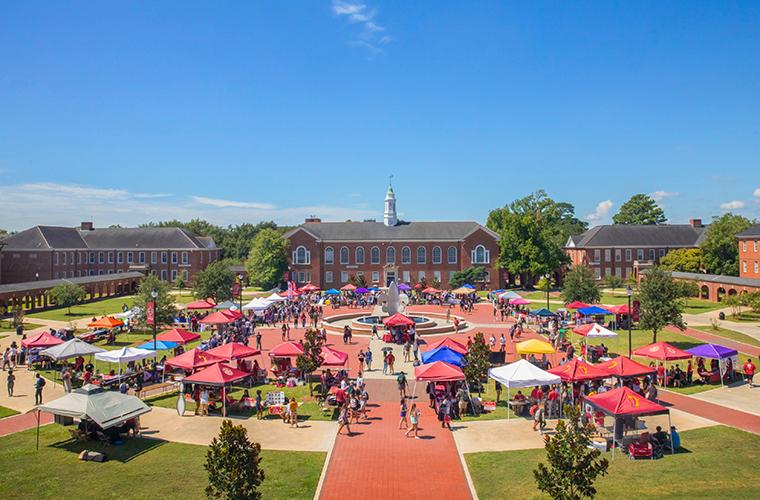 tents set up in the UL Lafayette quad for Get on Board Day during Welcome Week