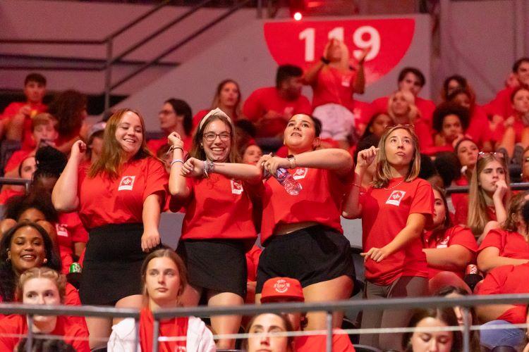 Students dancing at New Student Convocation at the Cajundome