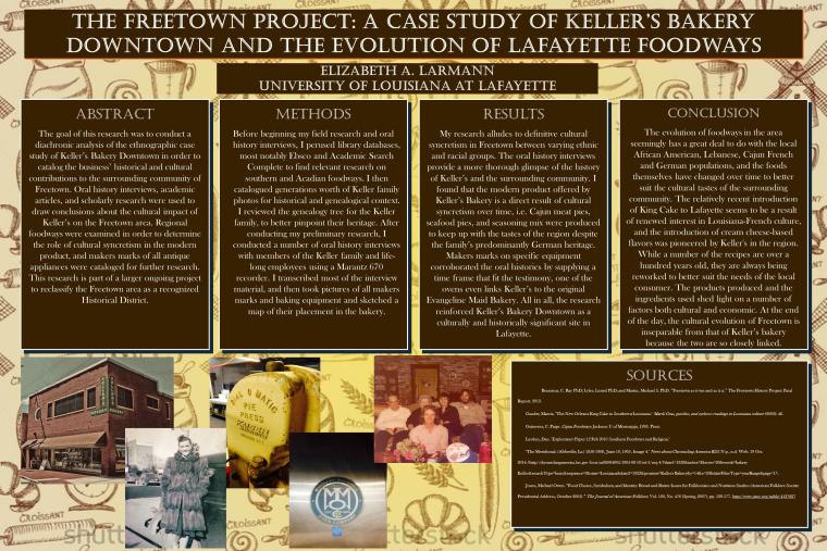 Poster of Senior Project "The Freetown Project: A Case Study of Keller's Bakery Downtown and the Evolution of Lafayette's Foodways" by Elizabeth Layman