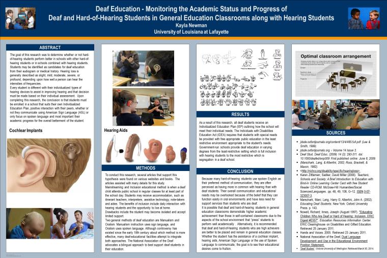 Poster of Senior Project on "Deaf Education - Monitoring the Academic Status and Progress of Deaf and Hard-of-Hearing Students in General Education Classrooms along with Hearing Students" by Kayla Newman