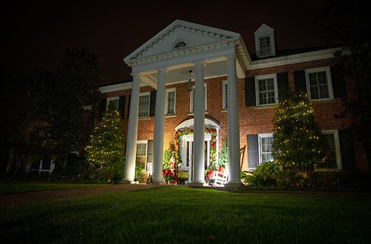 President's residence exterior decorated for holidays