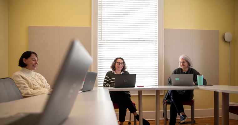 Members of the Distance Learning Instructional Support Team are pictured during a team meeting. From left to right are Alise Hagan, Andrea Leonard, and Renee Fiser.