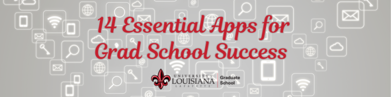 14 Essential Grad School apps - grey background, apps floating around