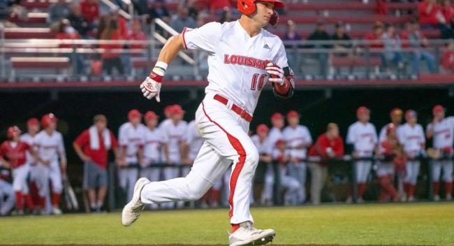 Louisiana Ragin' Cajuns student-athlete baseball player Alex Hannie rounds the bases at Russo Park