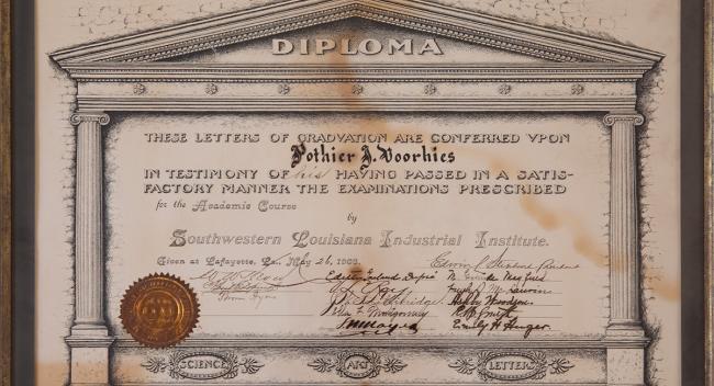 Original SLII diploma given to Pothier J. Voorhies.