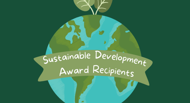 Earth with a green banner over it that says, Sustainable Development Award Recipients