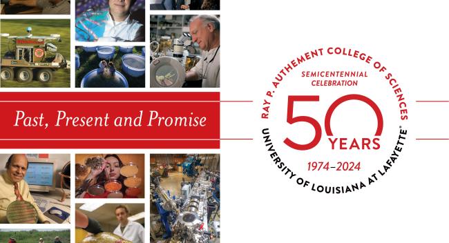 Logo for the College of Sciences 50th anniversary featuring the words: "past, present and promise."