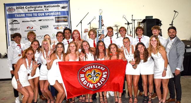The Ragin' Cajuns Water Ski Team celebrates after its 11th national championship.