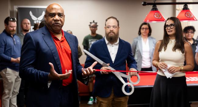 Dr. DeWayne Bowie speaks at the grand opening of the Veterans Student Center.