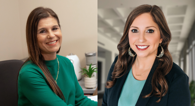 Two headshots superimposed next to each other (Lea Guidry left, Courtney Jagneaux right), both smiling for photo in a teal blouse. 