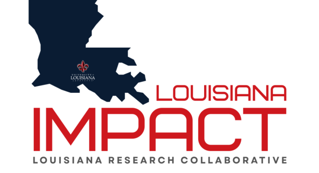 Louisiana Impact Logo with an outline of the state and the UL Lafayette logo marking Lafayette