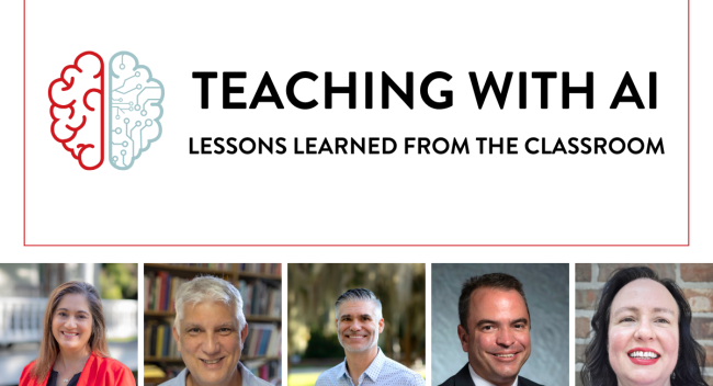 Graphic with a red and light teal colored brain on the left and the title: Teaching with AI: Lessons Learned From the Classroom. Panelist headshots are featured along the bottom.