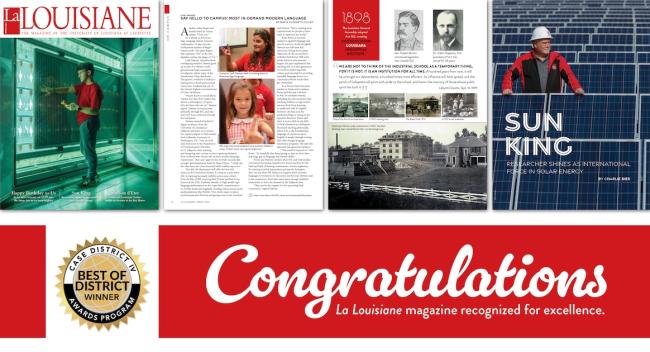 Pages from La Louisiane magazine with Congratulations written underneath.