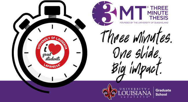 Picture includes the 3MT Logo - written out Three minutes, one slide, big impact and a stop watch.