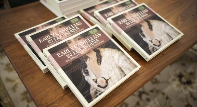 Copies of a book about camellias sit on a wooden table.
