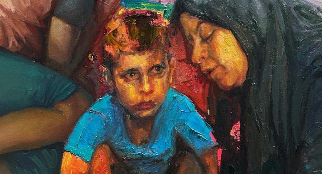 Small boy talking with Mom