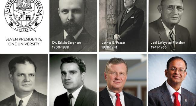 A graphic showing all seven presidents of UL Lafayette