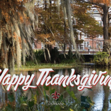 The UL Swamp in autumn,  with text at the bottom reading "Happy Thanksgiving!"
