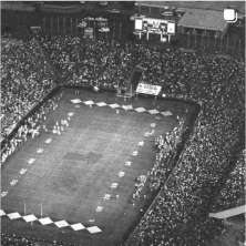 An old black and white photo of Cajun Field from above.