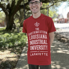 A student wearing a red shirt that says, "The southwestern Louisiana Industrial University at Lafayette"