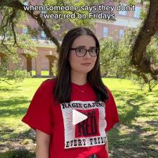 Student frowns at the camera in response to anti-red fridays