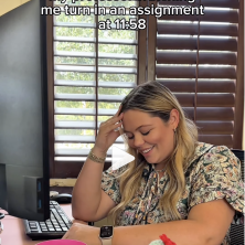 My professor watching me turn in an assignment at 11:58, UL professor puts her head down in shame