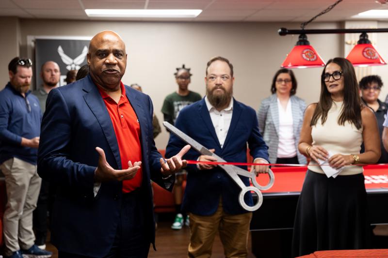 Dr. DeWayne Bowie speaks at the grand opening of the Veterans Student Center.