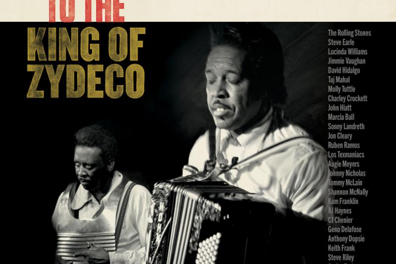 A cover of the album "A Tribute to the King of Zydeco" featuring a black-and-white image of Clifton Chenier playing accordion.