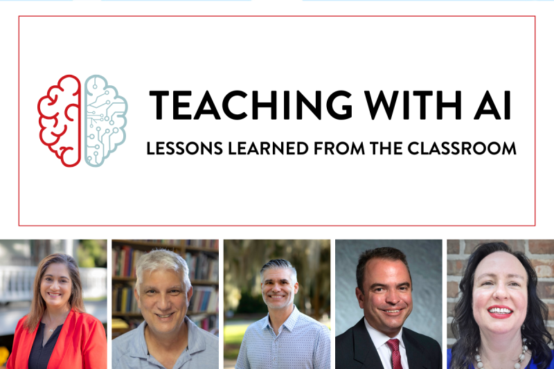 Graphic with a red and light teal colored brain on the left and the title: Teaching with AI: Lessons Learned From the Classroom. Panelist headshots are featured along the bottom.