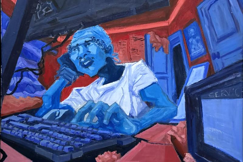 Painting boy on computer