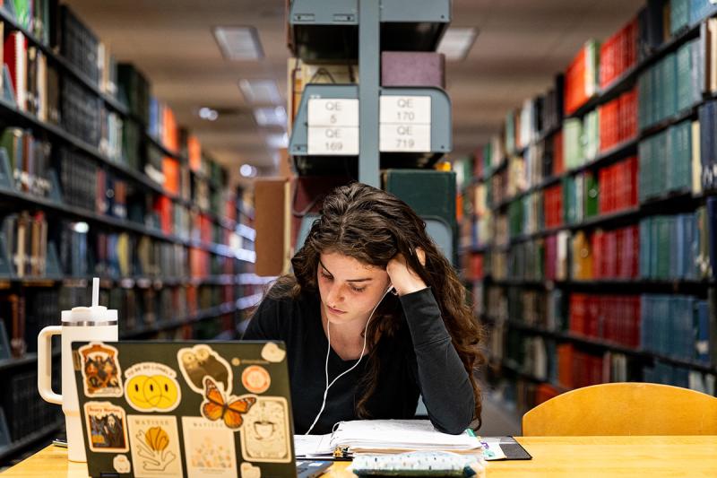 Student studies in library