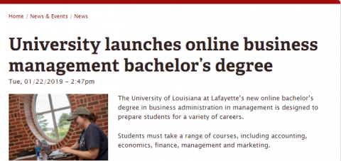 Online bachelor's degree in business now available at UL Lafayette.