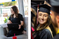 Amanda Terry pictured studying at Reve coffee and, separately, during commencement. Amanda earned her bachelor's and her master's degrees online from UL Lafayette.