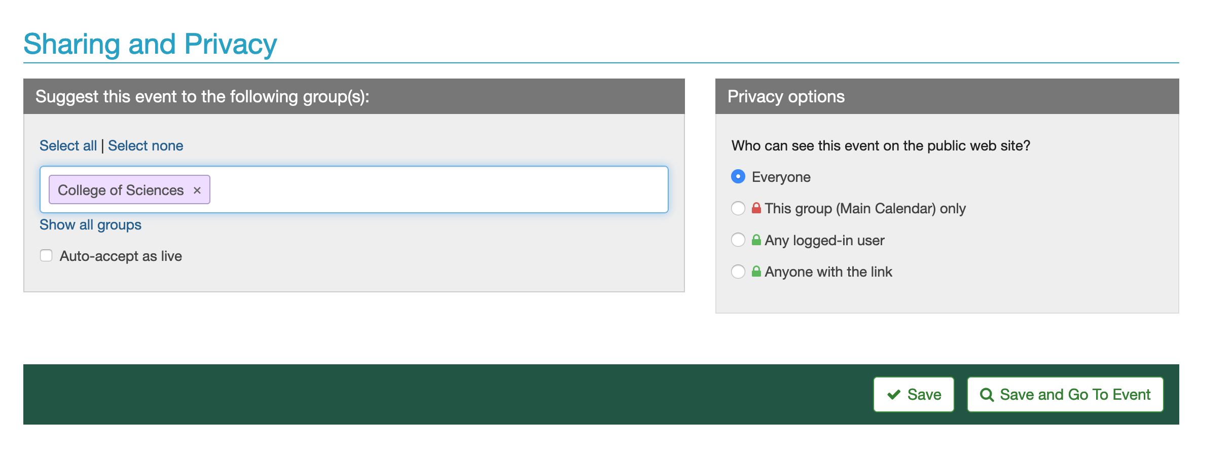 screen shot of sharing and privacy section