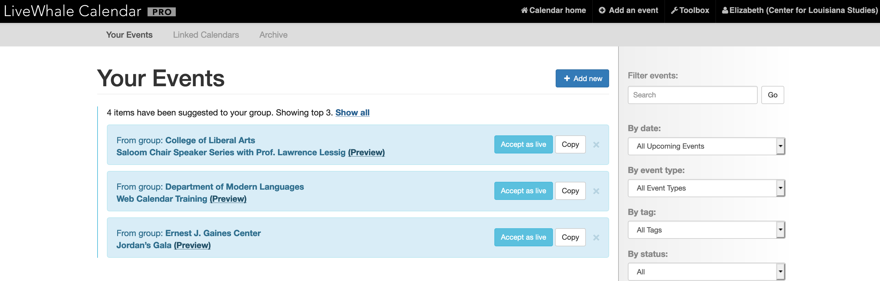 screen shot of shared events in livewhale
